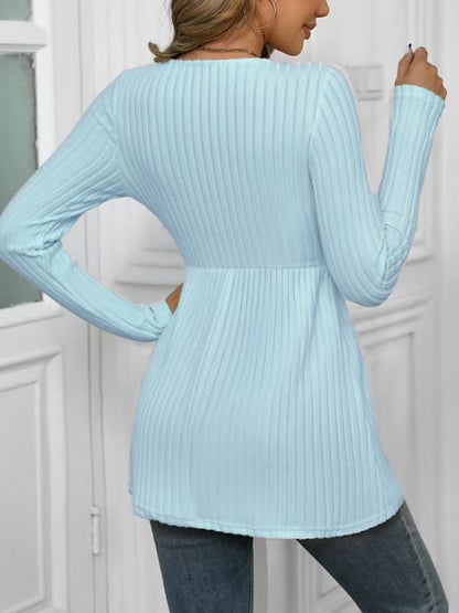 Buttoned Scoop Neck Ribbed Long Sleeve Top