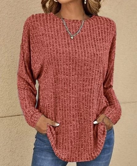 Melange Ribbed Crew Neck Long Sleeve Top