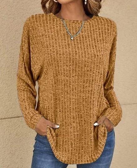 Melange Ribbed Crew Neck Long Sleeve Top