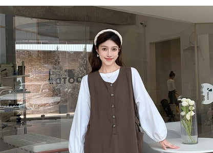 Maternity Crew Neck Blouse with Half-Button Midi Dress