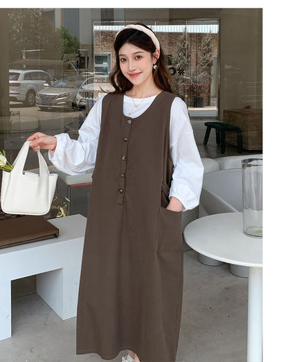 Maternity Crew Neck Blouse with Half-Button Midi Dress