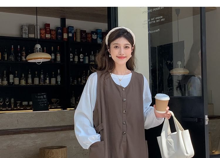 Maternity Crew Neck Blouse with Half-Button Midi Dress