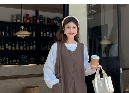 Maternity Crew Neck Blouse with Half-Button Midi Dress