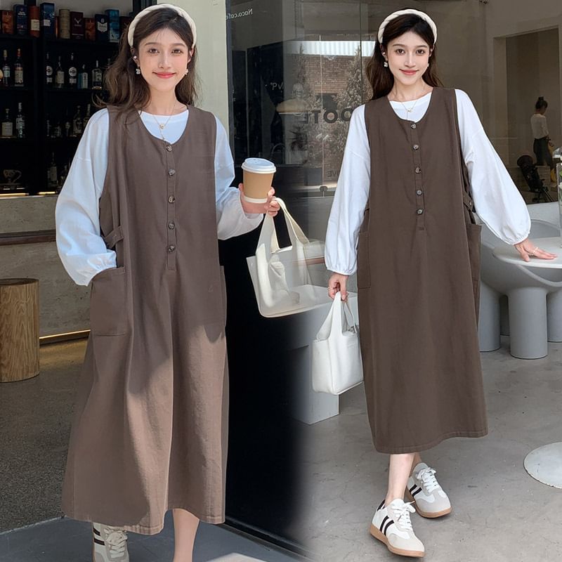 Maternity Crew Neck Blouse with Half-Button Midi Dress