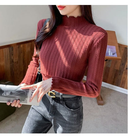 Nursing Knit Top with Mock Neck and Scalloped Trim