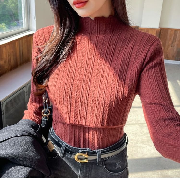 Nursing Knit Top with Mock Neck and Scalloped Trim