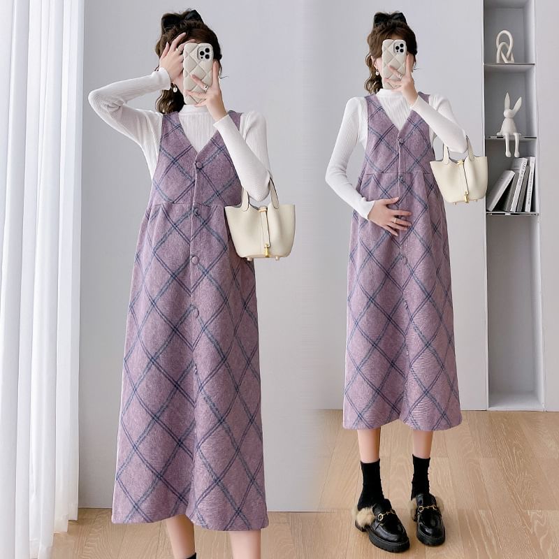 Maternity Mock Neck Tee with Plaid Button-Up Midi Dress