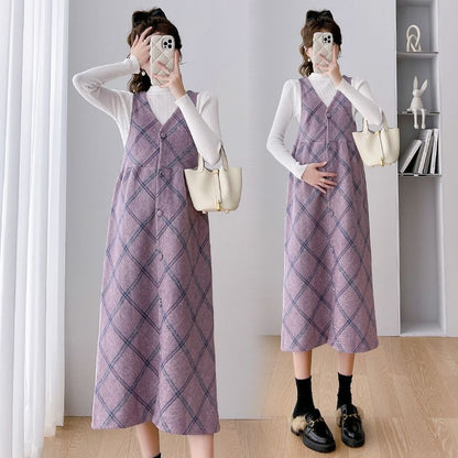 Maternity Mock Neck Tee with Plaid Button-Up Midi Dress