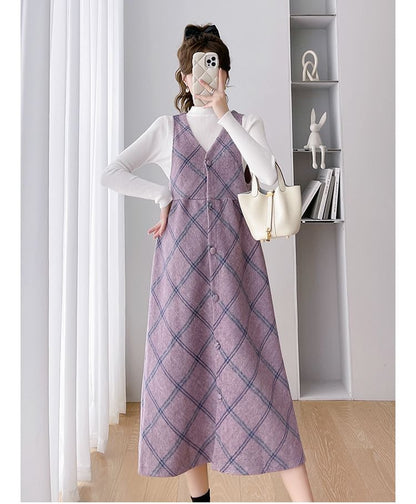 Maternity Mock Neck Tee with Plaid Button-Up Midi Dress