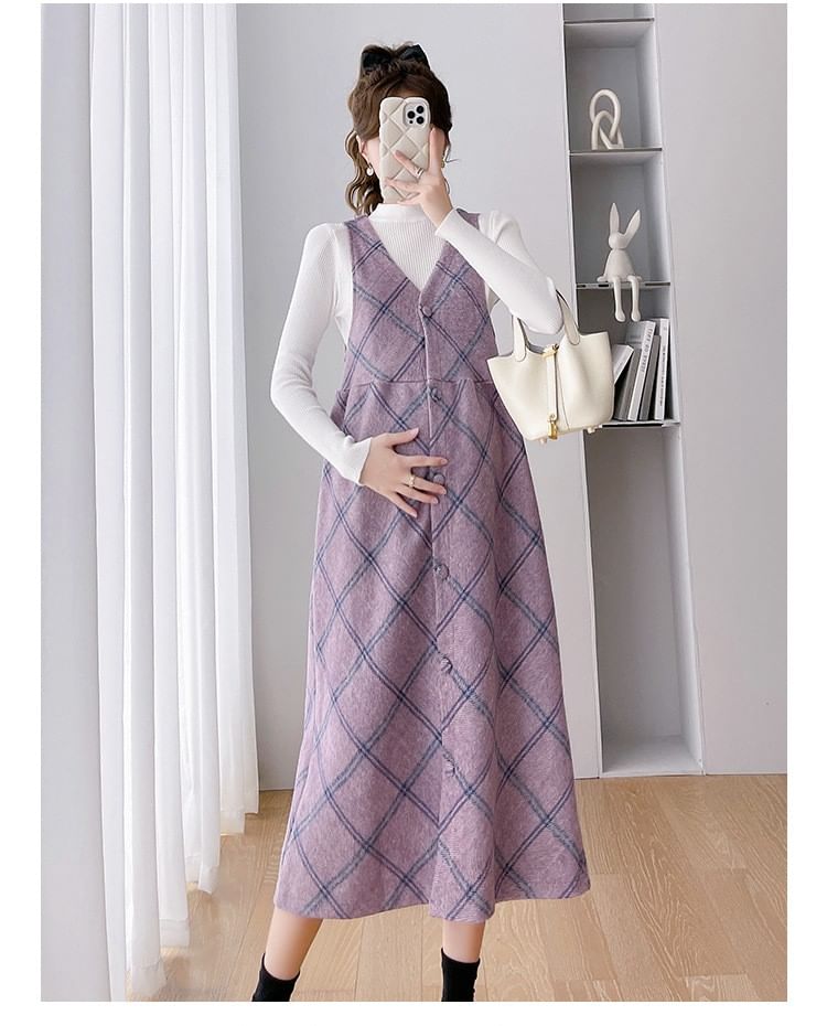 Maternity Mock Neck Tee with Plaid Button-Up Midi Dress