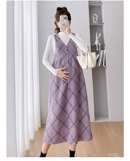 Maternity Mock Neck Tee with Plaid Button-Up Midi Dress