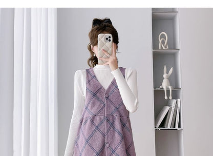Maternity Mock Neck Tee with Plaid Button-Up Midi Dress