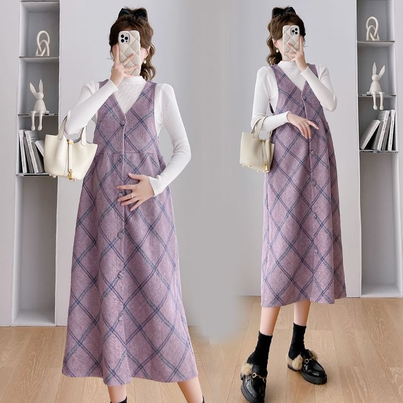 Maternity Mock Neck Tee with Plaid Button-Up Midi Dress