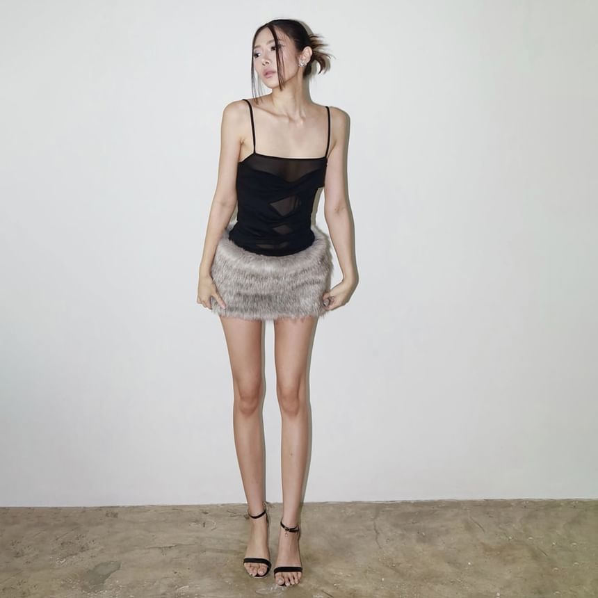 Spaghetti Strap Faux Fur Panel Sheer Mini Bodycon Dress