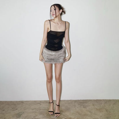 Spaghetti Strap Faux Fur Panel Sheer Mini Bodycon Dress