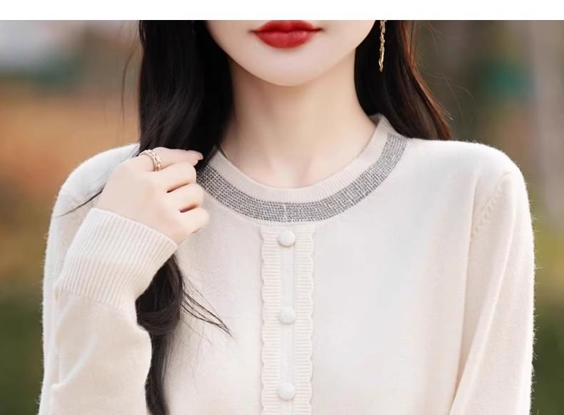 Rhinestone Crew Neck Sweater in Solid Tone