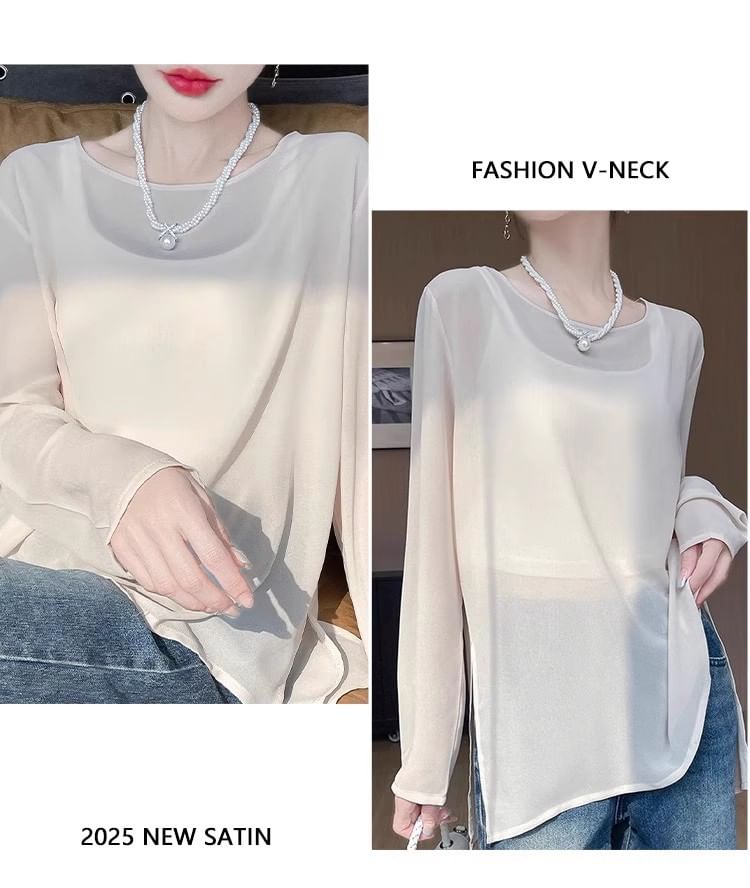 Crew Neck Long Sleeve Knit Top Solid