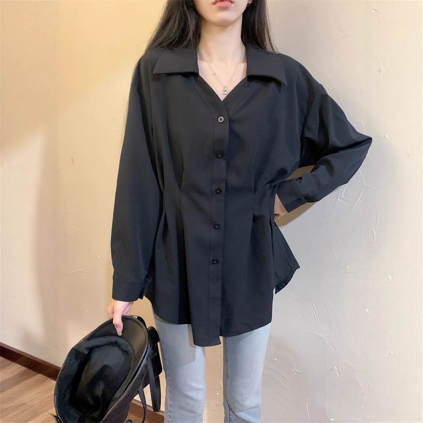 Elegant Long-Sleeve V-Neck Collared Button-Up Top
