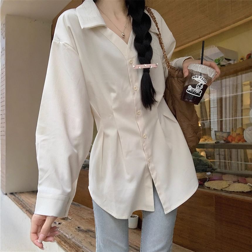 Elegant Long-Sleeve V-Neck Collared Button-Up Top