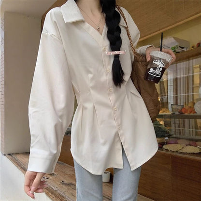 Elegant Long-Sleeve V-Neck Collared Button-Up Top