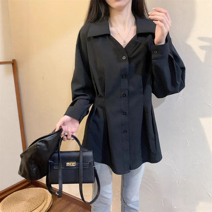 Elegant Long-Sleeve V-Neck Collared Button-Up Top