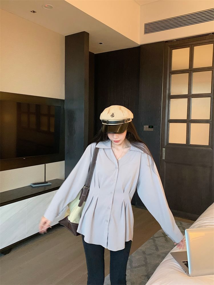 Elegant Long-Sleeve V-Neck Collared Button-Up Top