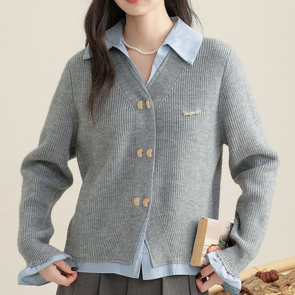 Double-Breasted Mock Two-Piece Collared Knit Sweater