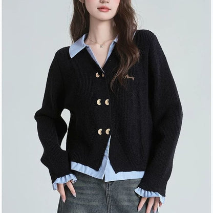 Double-Breasted Mock Two-Piece Collared Knit Sweater