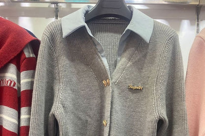 Double-Breasted Mock Two-Piece Collared Knit Sweater