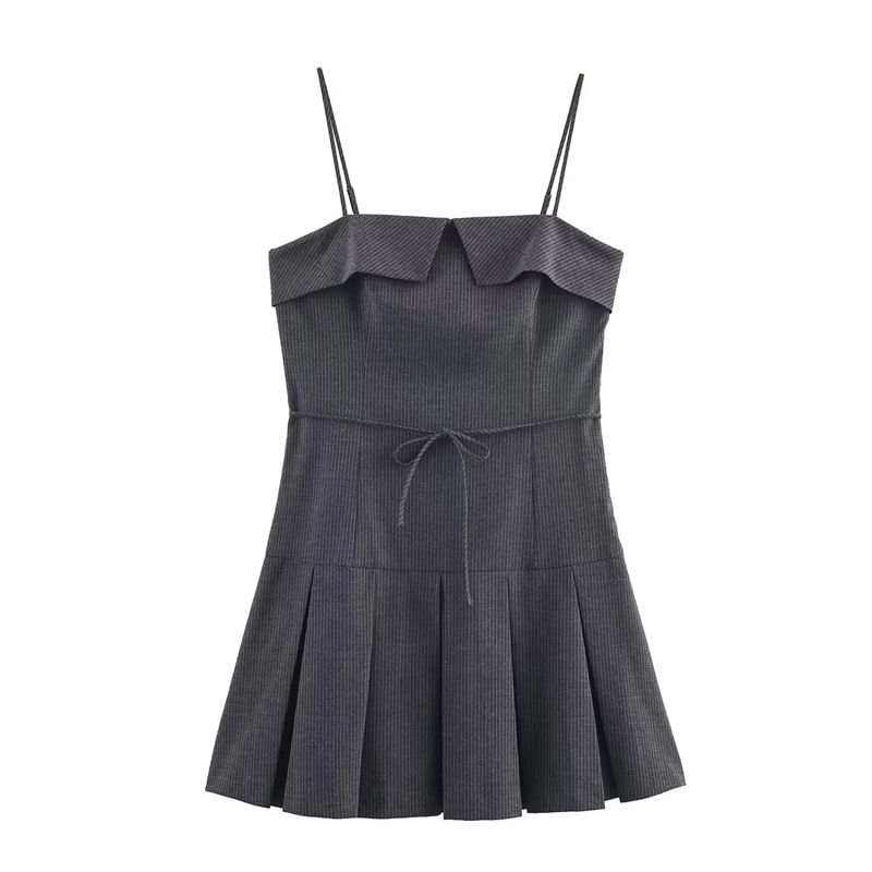 Spaghetti Strap Striped Pleated Tie Waist Mini A-Line Dress