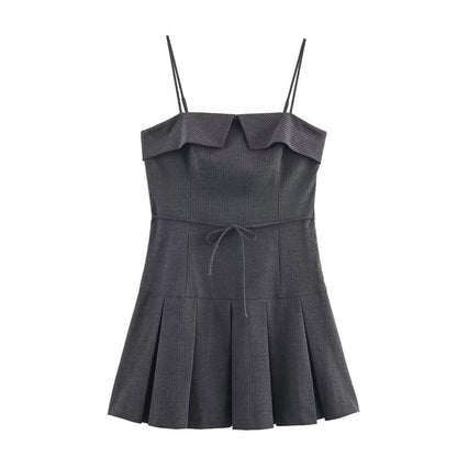 Spaghetti Strap Striped Pleated Tie Waist Mini A-Line Dress