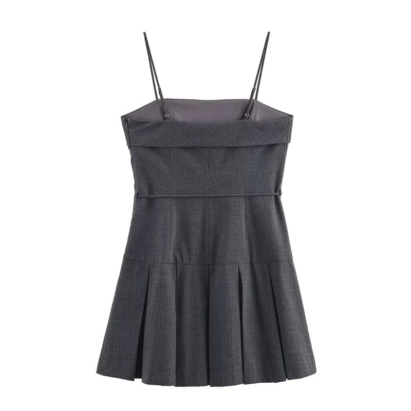 Spaghetti Strap Striped Pleated Tie Waist Mini A-Line Dress
