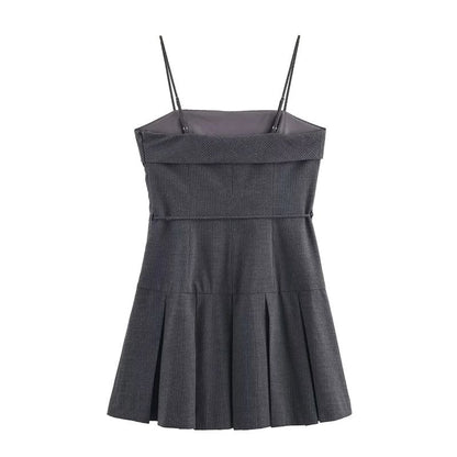 Spaghetti Strap Striped Pleated Tie Waist Mini A-Line Dress