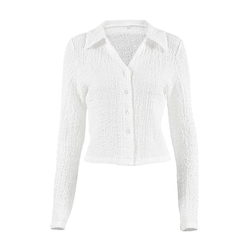 Textured Slim-Fit V-Neck Crop Shirt