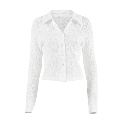 Textured Slim-Fit V-Neck Crop Shirt