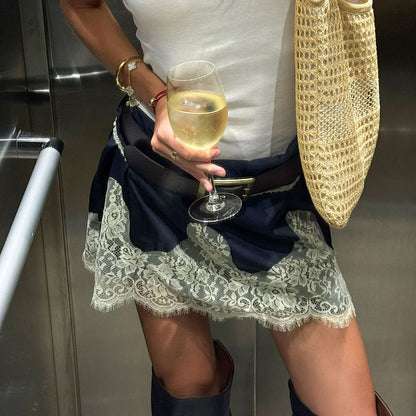 Lace Panel Satin High Waist Mini Skirt