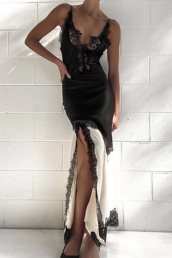 Spaghetti Strap V-Neck Color-Block Lace-Trim Slit Maxi Bodycon Dress