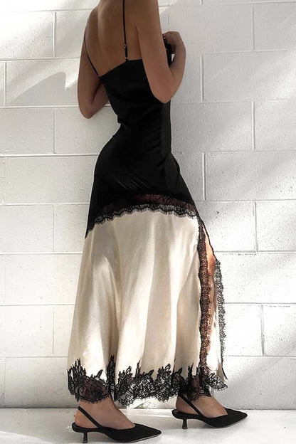 Spaghetti Strap V-Neck Color-Block Lace-Trim Slit Maxi Bodycon Dress