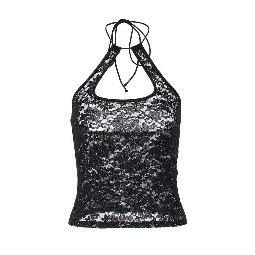 Halter Neck Plain Lace See-Through Slim-Fit Tank Top