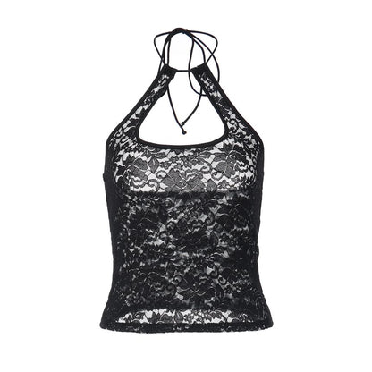 Halter Neck Plain Lace See-Through Slim-Fit Tank Top