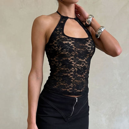Halter Neck Plain Lace See-Through Slim-Fit Tank Top