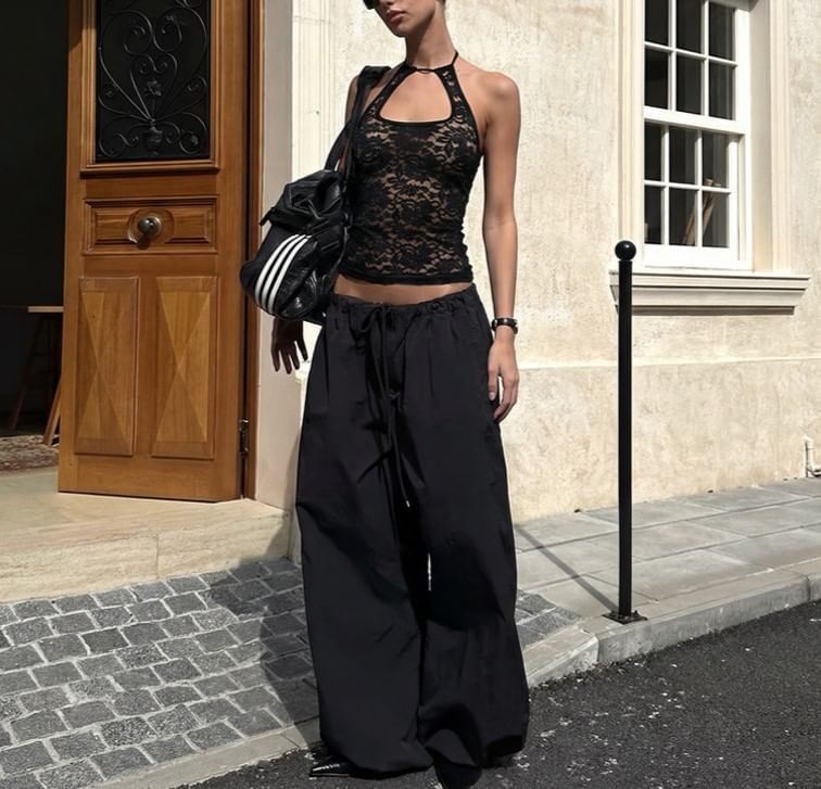 Halter Neck Plain Lace See-Through Slim-Fit Tank Top