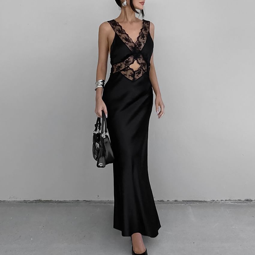 Sleeveless V-Neck Lace Panel Cut-Out Satin Maxi Bodycon Dress