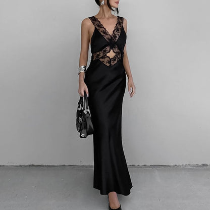 Sleeveless V-Neck Lace Panel Cut-Out Satin Maxi Bodycon Dress