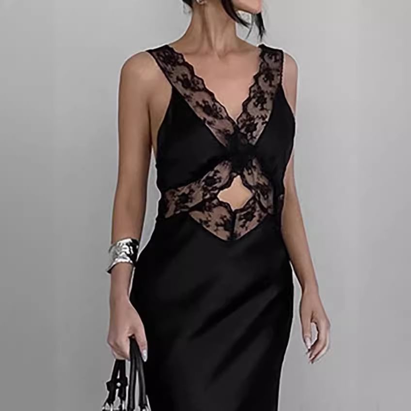 Sleeveless V-Neck Lace Panel Cut-Out Satin Maxi Bodycon Dress