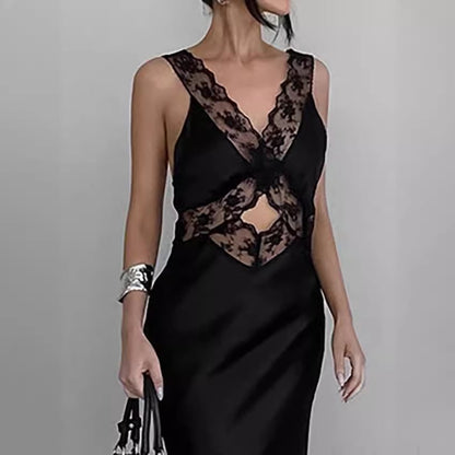 Sleeveless V-Neck Lace Panel Cut-Out Satin Maxi Bodycon Dress