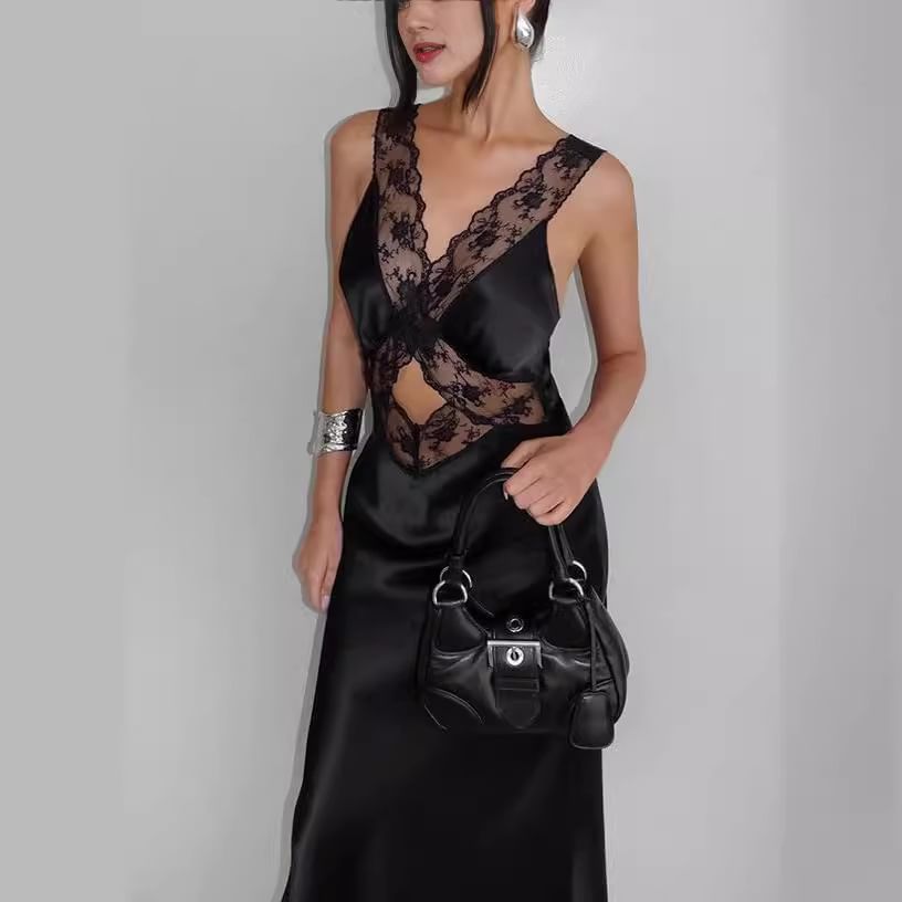 Sleeveless V-Neck Lace Panel Cut-Out Satin Maxi Bodycon Dress