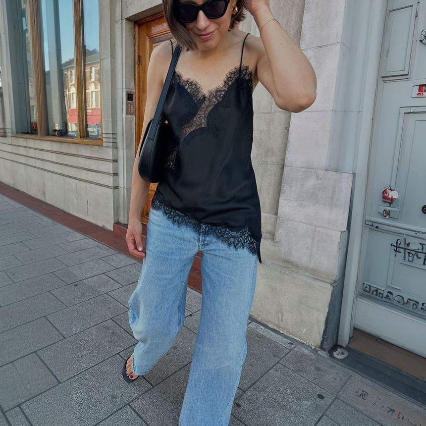 Satin Camisole with Lace Panel and V-Neck