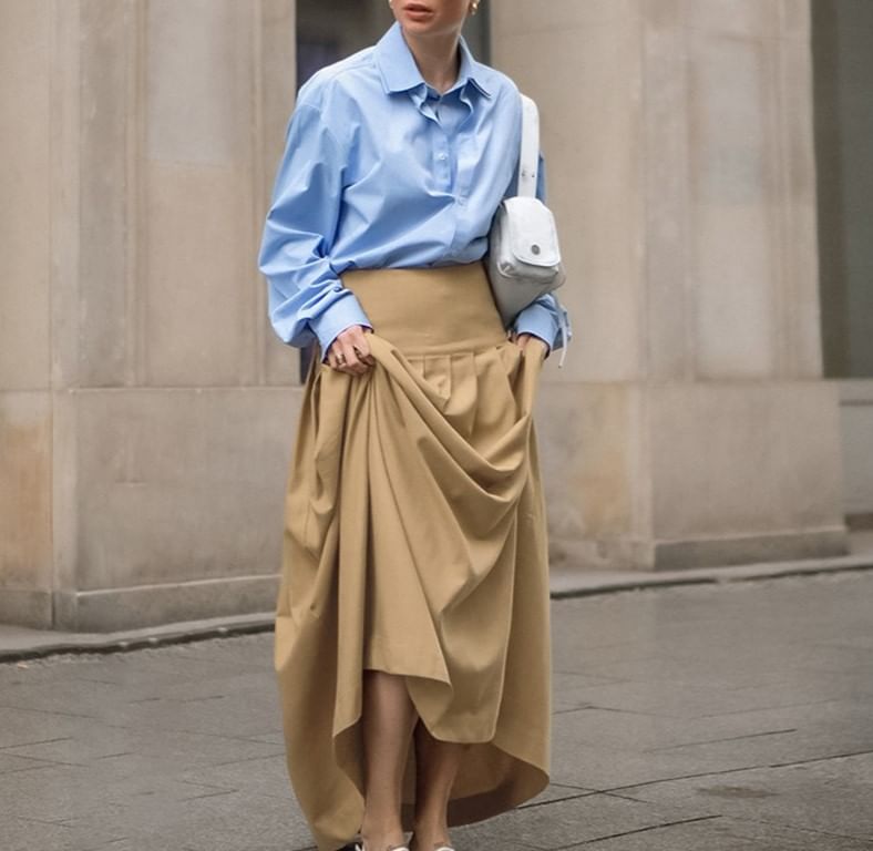 High Waist Plain Maxi Pleated Skirt