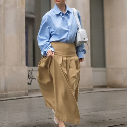 High Waist Plain Maxi Pleated Skirt
